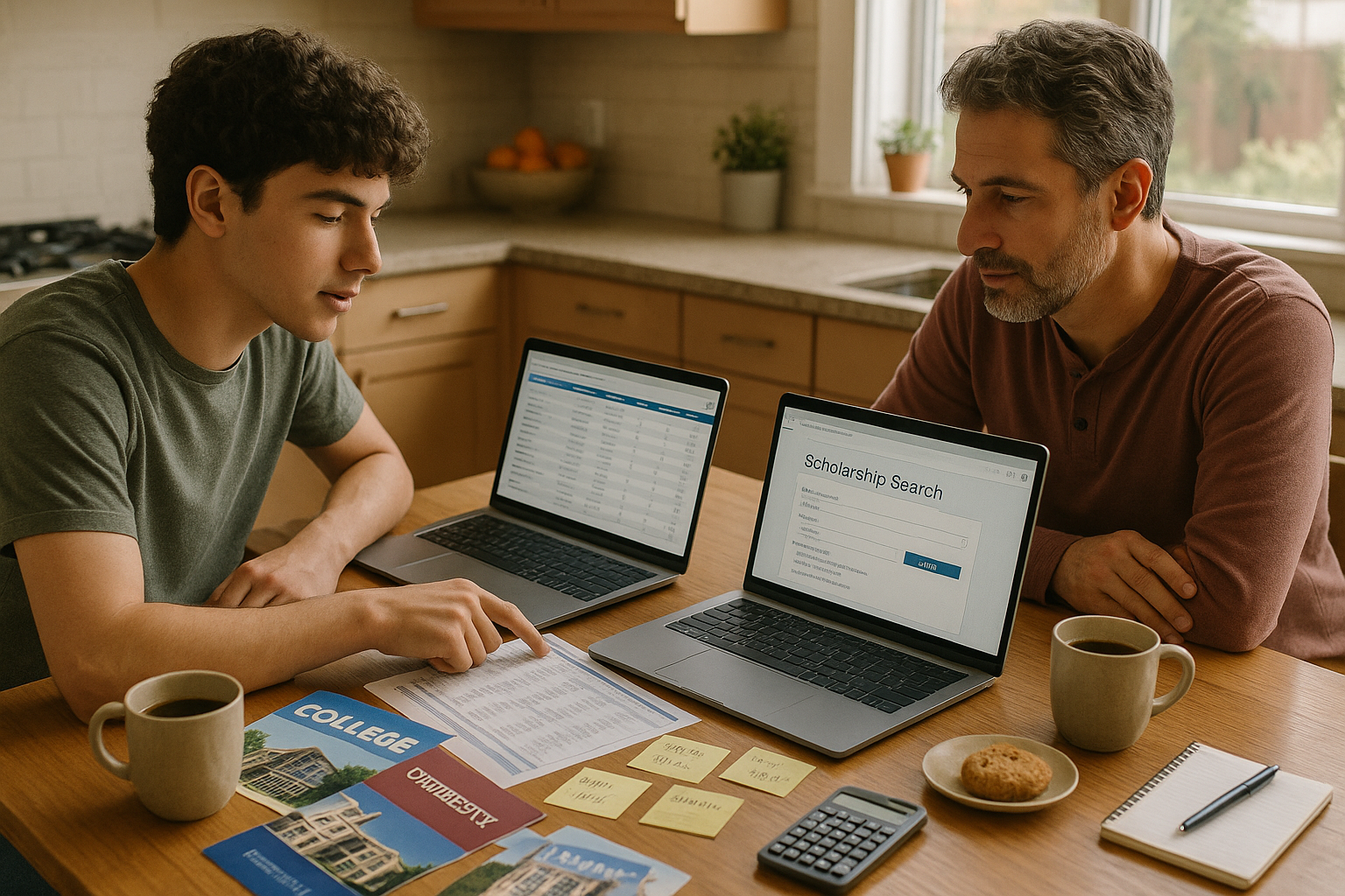 Photo Idea : A student and parent reviewing college lists and scholarship options at a kitchen table, laptops open, planning next steps together.