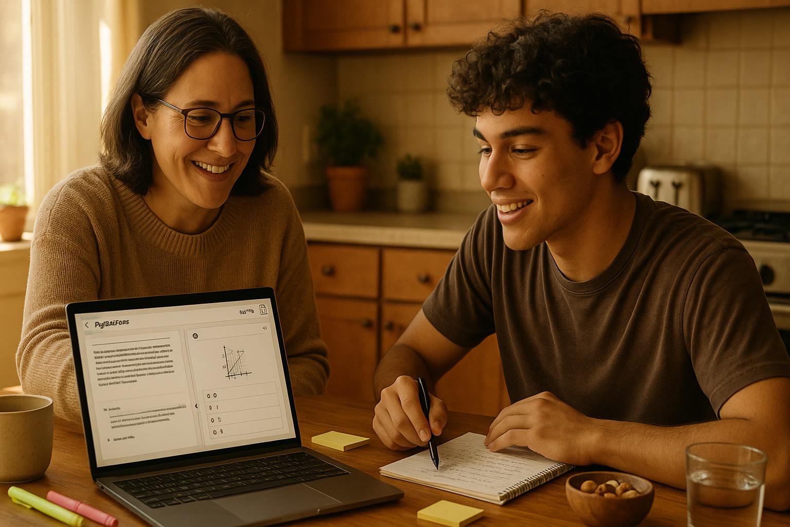 Photo Idea : A warm, candid photo of a parent and teen sitting at a kitchen table with a laptop open to a practice Digital SAT interface, highlighters and a snack bowl nearby.