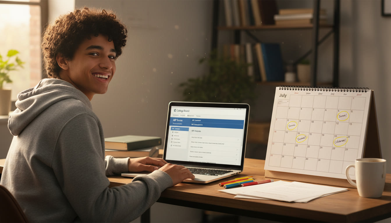 Photo Idea : A student at a desk with a laptop open to a College Board account, calendar beside them showing June and July dates highlighted—warm natural light, realistic study vibe.