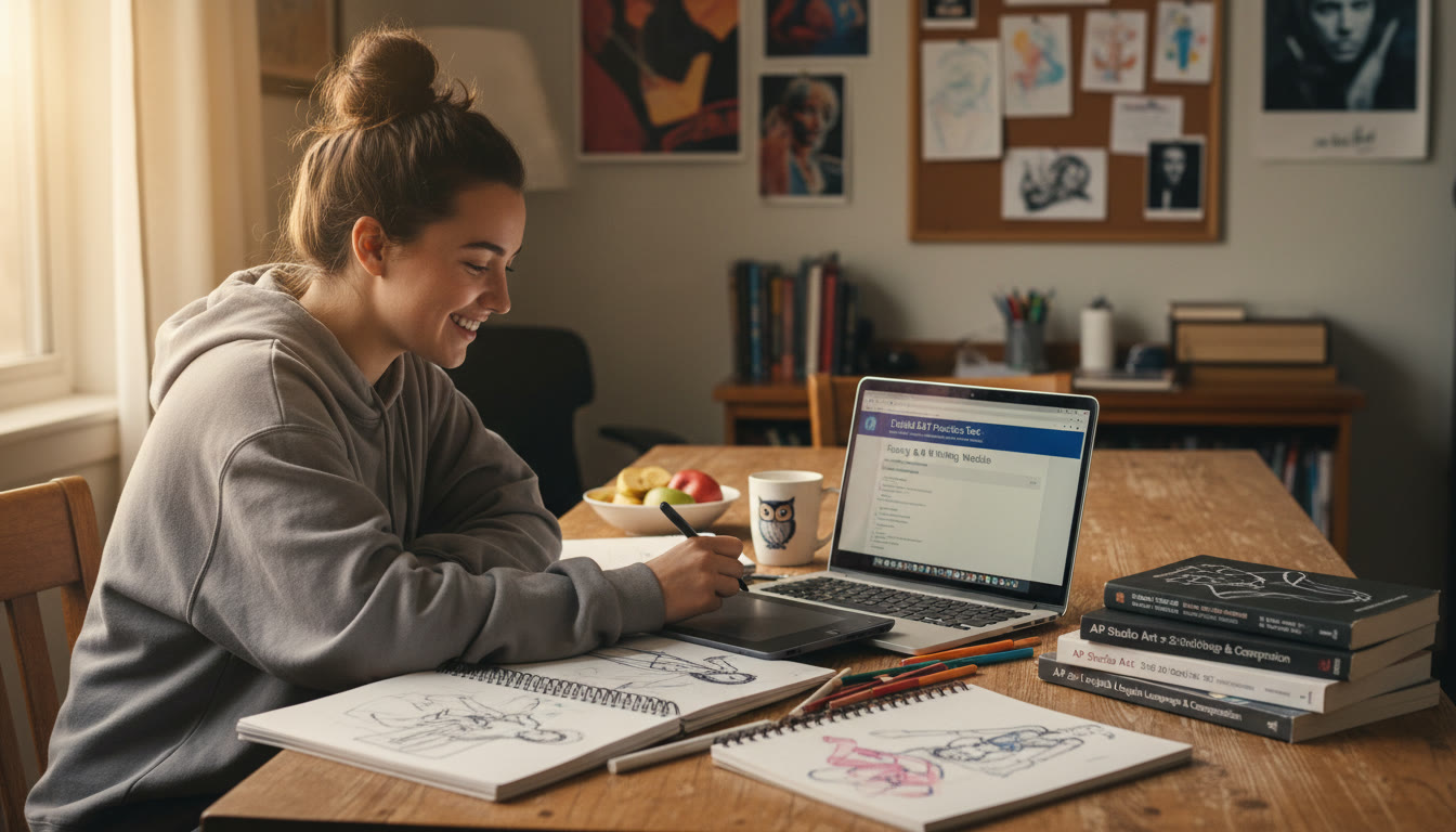 Photo Idea : A warm, candid shot of a student at a wooden table surrounded by sketchbooks, AP textbooks, and a laptop showing a digital practice test captures the dual preparation for portfolio work and the Digital SAT.
