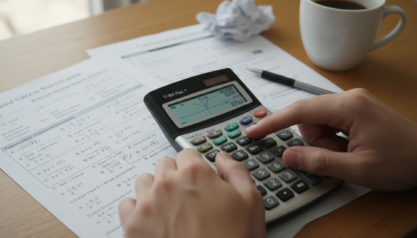 Photo Idea : Close-up image of a student’s hands using a graphing calculator with a filled-in practice exam sheet in the background to convey focused exam prep and realistic practice conditions.