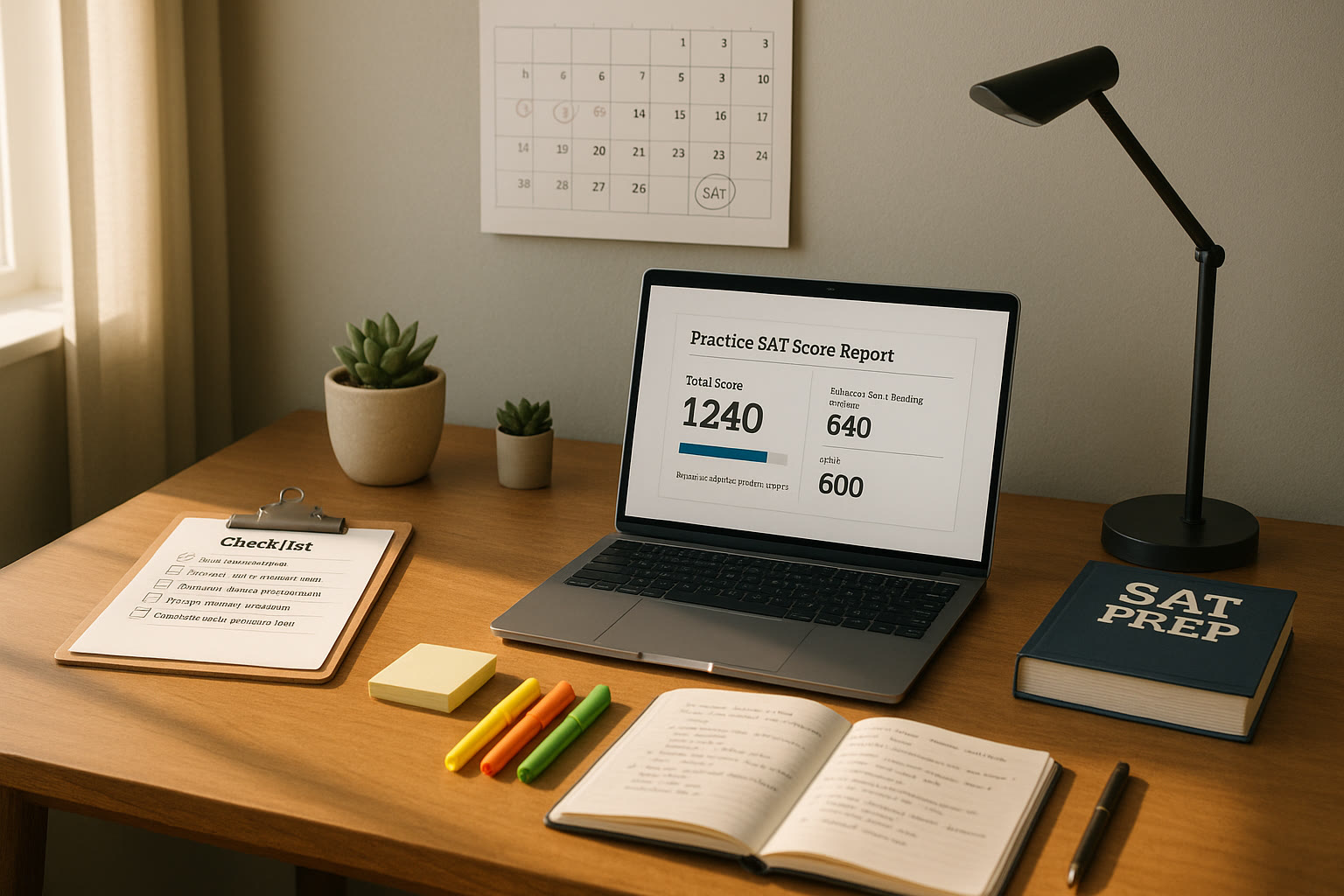 Photo Idea : A tidy study corner with a checklist, calendar, and a laptop showing a practice SAT score report — visual to accompany the checklist and planning section.