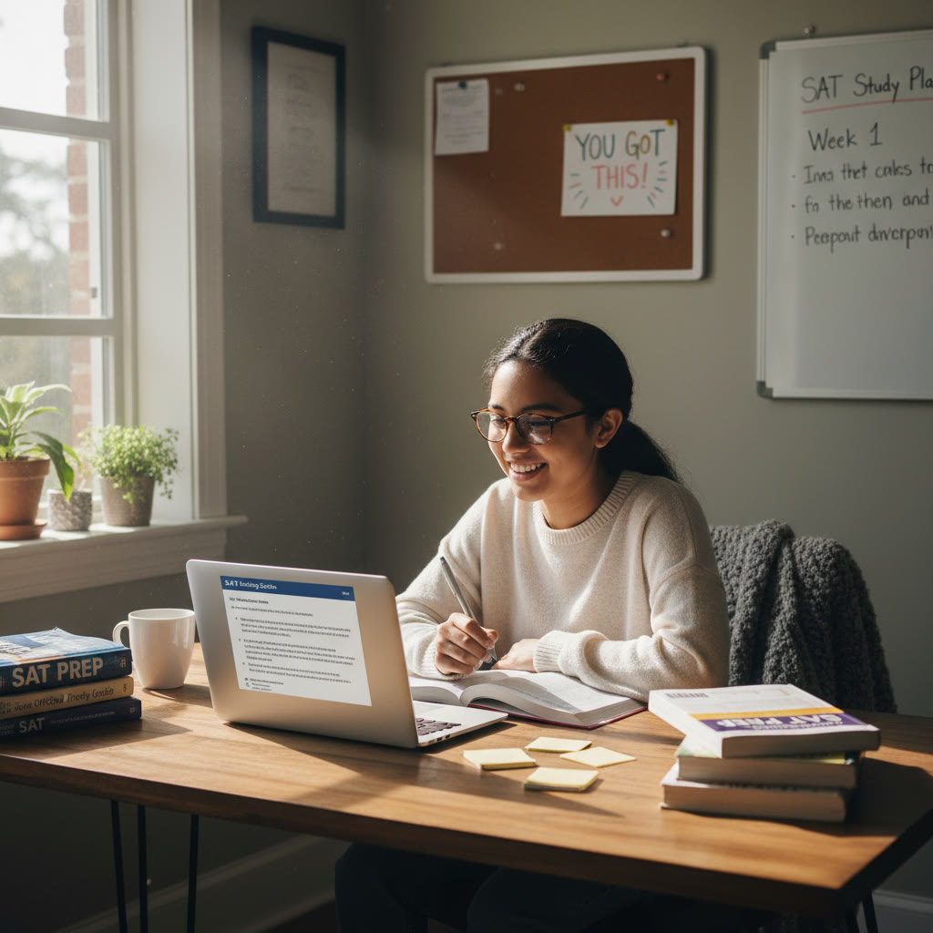 Photo Idea : A warm, candid photo of a high-school student at a desk with study materials, a laptop showing a practice SAT question, and a cup of coffee. Natural light, relaxed atmosphere to communicate focused but calm preparation.
