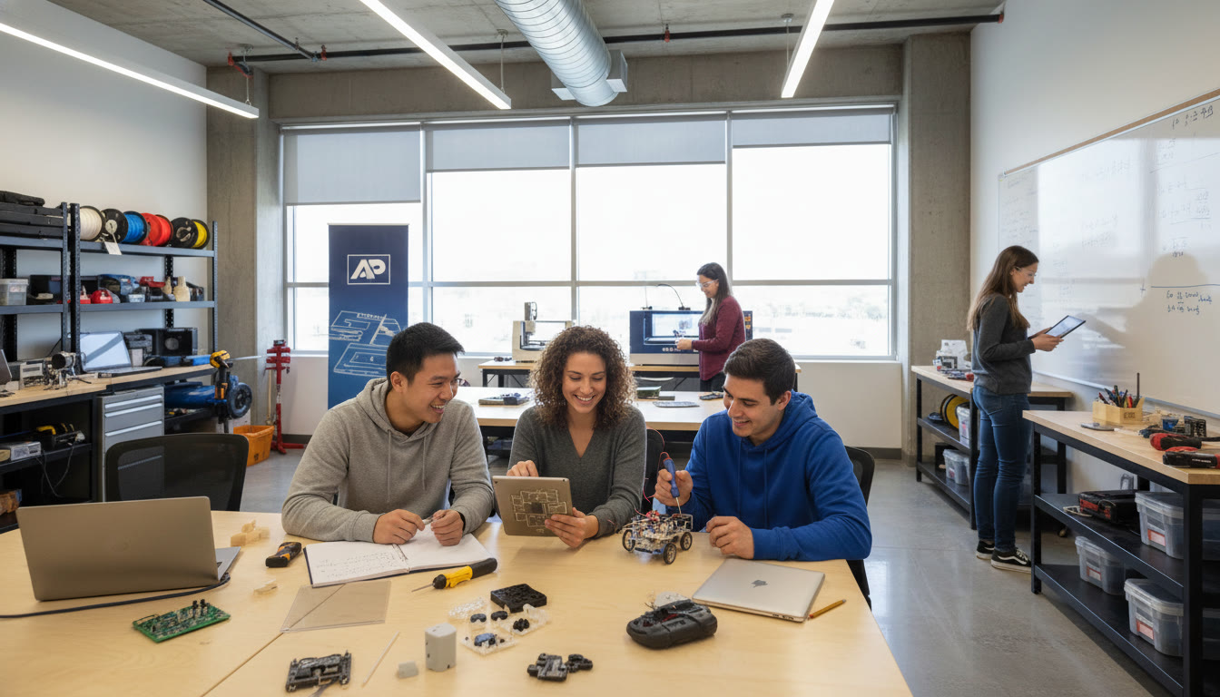 Photo Idea : A campus scene of students collaborating on an engineering project in a modern lab or makerspace, showing teamwork and hands-on learning to illustrate what AP-prepared students might experience at university.