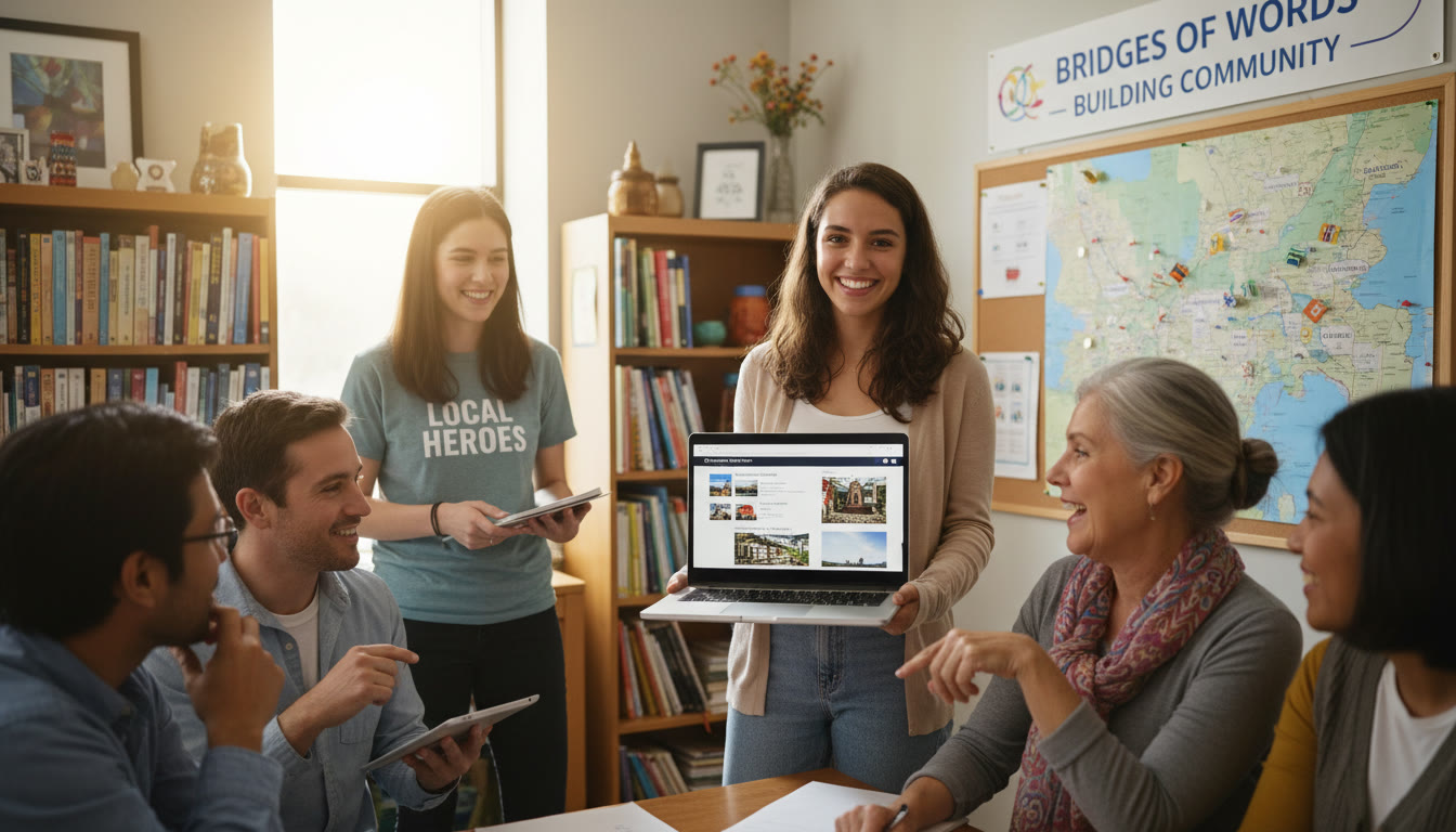 Photo Idea : A student presenting a community translation project on a laptop to local volunteers—illustrates service, leadership, and practical use of language skills.