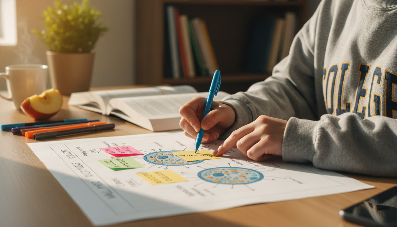 Photo Idea : A student at a desk annotating a printed diagram (biology cell or physics circuit) with colored pens and sticky notes—warm natural light, close-up of hand labeling to show detail.