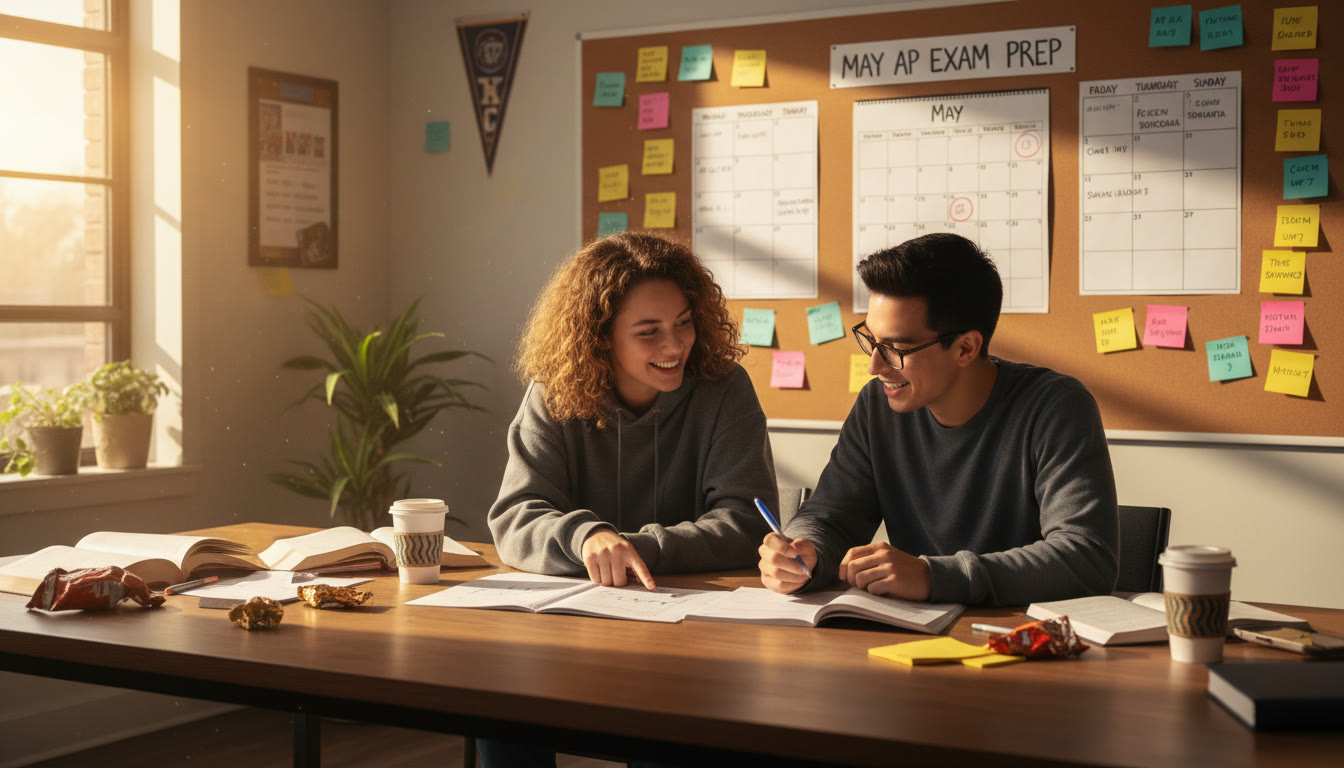 Photo Idea : A late-afternoon study scene with two students reviewing a mock AP exam together, sticky notes on the wall with a weekly plan—conveys collaboration and focused planning for the May exam season.