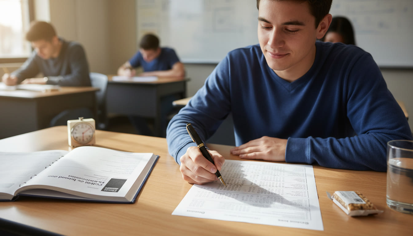 Photo Idea : A high-angle shot of a student mid-transcription — fountain pen in hand, booklet open on the left, answer sheet on the right, timer in background. Emphasize calm focus and clean organization.