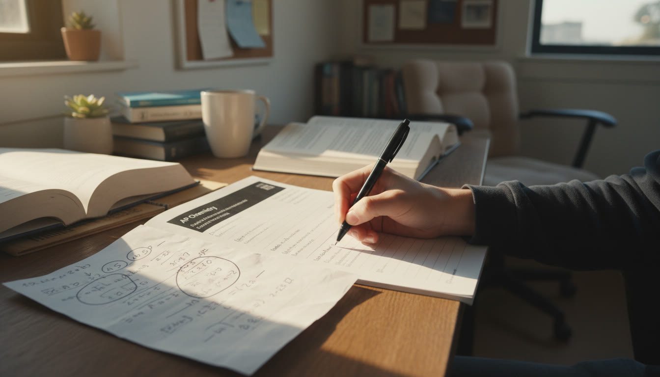 Photo Idea : A close-up of a student’s hand writing on an FRQ booklet with circled data points on a scratch paper — natural, warm lighting, study desk background.