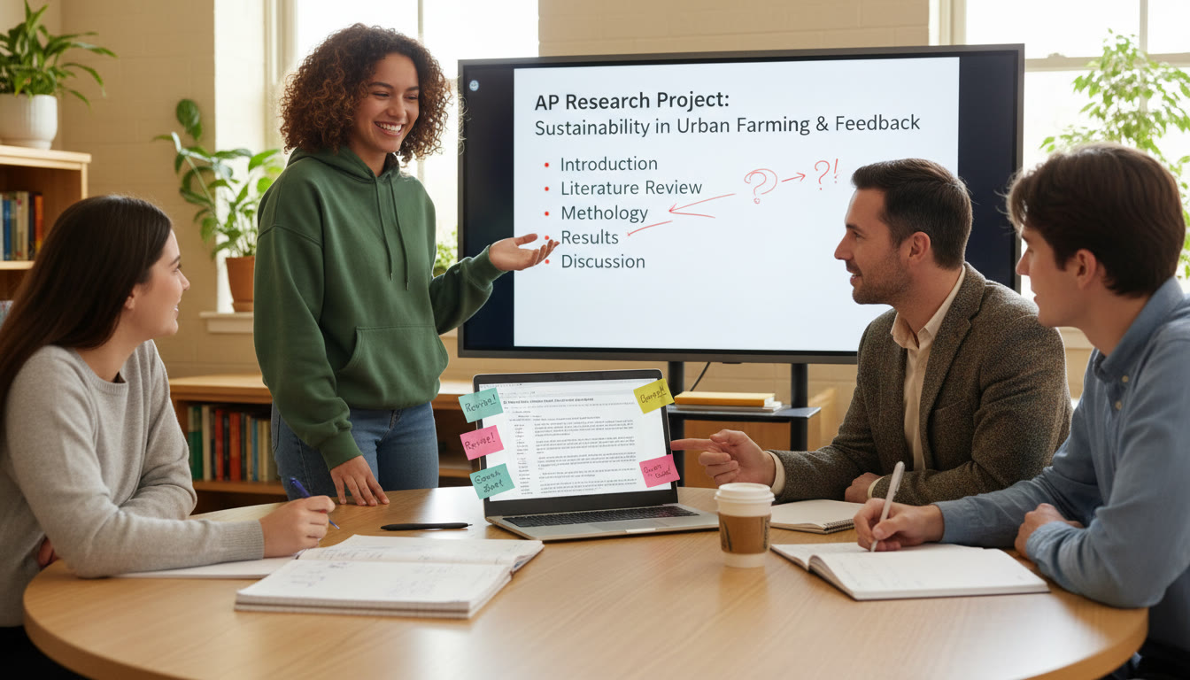 Photo Idea : A collaborative feedback session: a student presenting a poster or digital slide to a teacher/tutor, with notes and a laptop showing an AP research outline—captures revision and mentorship in action.