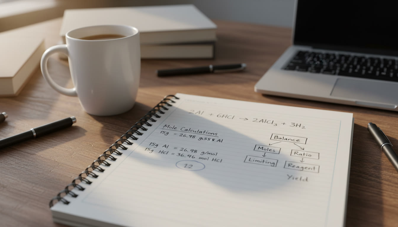Photo Idea : Close-up shot of a student’s notebook showing a balanced chemical equation, mole calculations, and a small flowchart sketch labeling steps: Balance, Moles, Ratio, Limiting Reagent, Yield.
