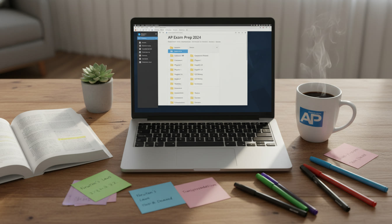 Photo Idea : Overhead shot of a study table with a laptop screen showing a tidy digital folder, surrounded by a few index cards, colored pens, and a coffee cup — conveys calm, purposeful preparation. Place this image around the templates section to illustrate an active homework session.