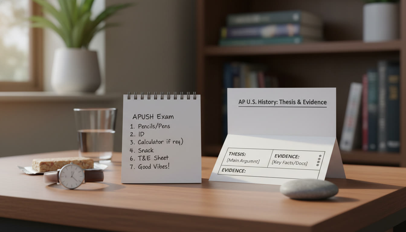 Photo Idea : A small, calm pre-exam spread on a desk: watch, simple checklist, and a neatly folded one-page 