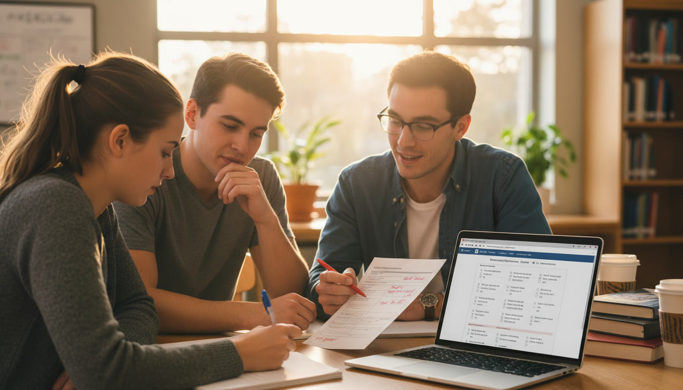 Photo Idea : A small group session with a tutor reviewing a scored FRQ, red pen comments visible, a student taking notes and a laptop open to a practice exam — warm collaborative energy to suggest targeted tutoring and feedback.