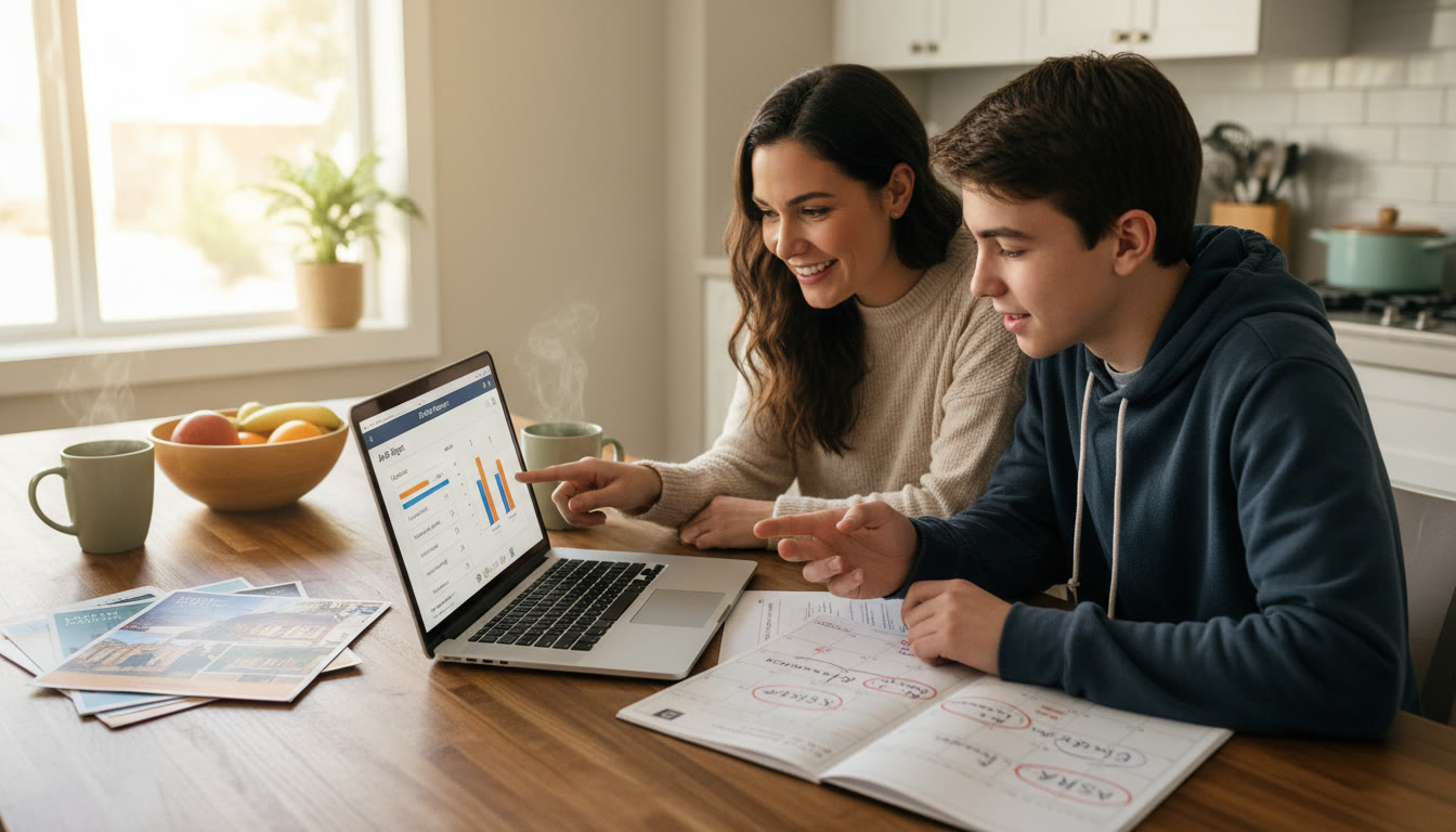 Photo Idea : A candid photo of a parent and teen at a kitchen table, laptop open, reviewing an AP score report together with a calendar and college brochures spread out. Warm natural light, relaxed but focused vibe.