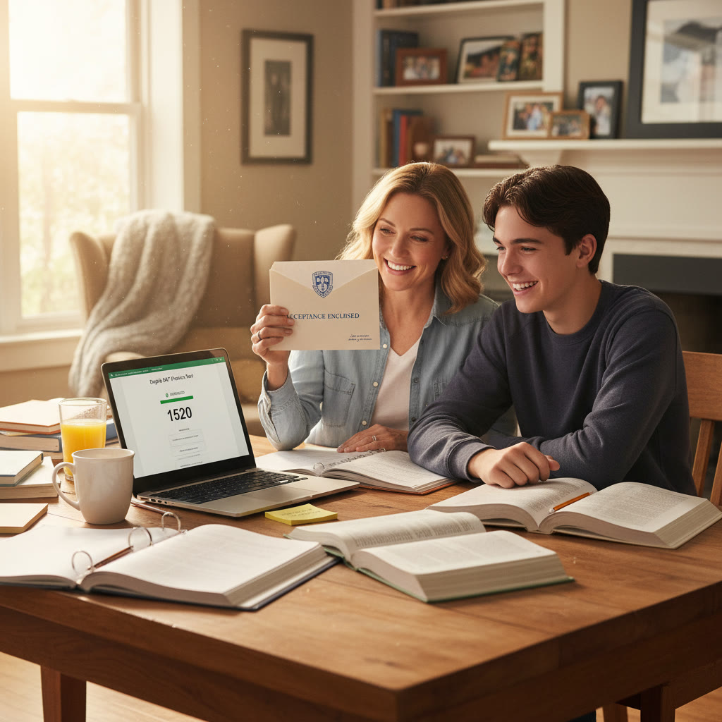 Photo Idea : A parent and student reviewing a printed Villanova acceptance envelope and a laptop showing a practice Digital SAT dashboard — warm indoor setting, celebratory but focused.