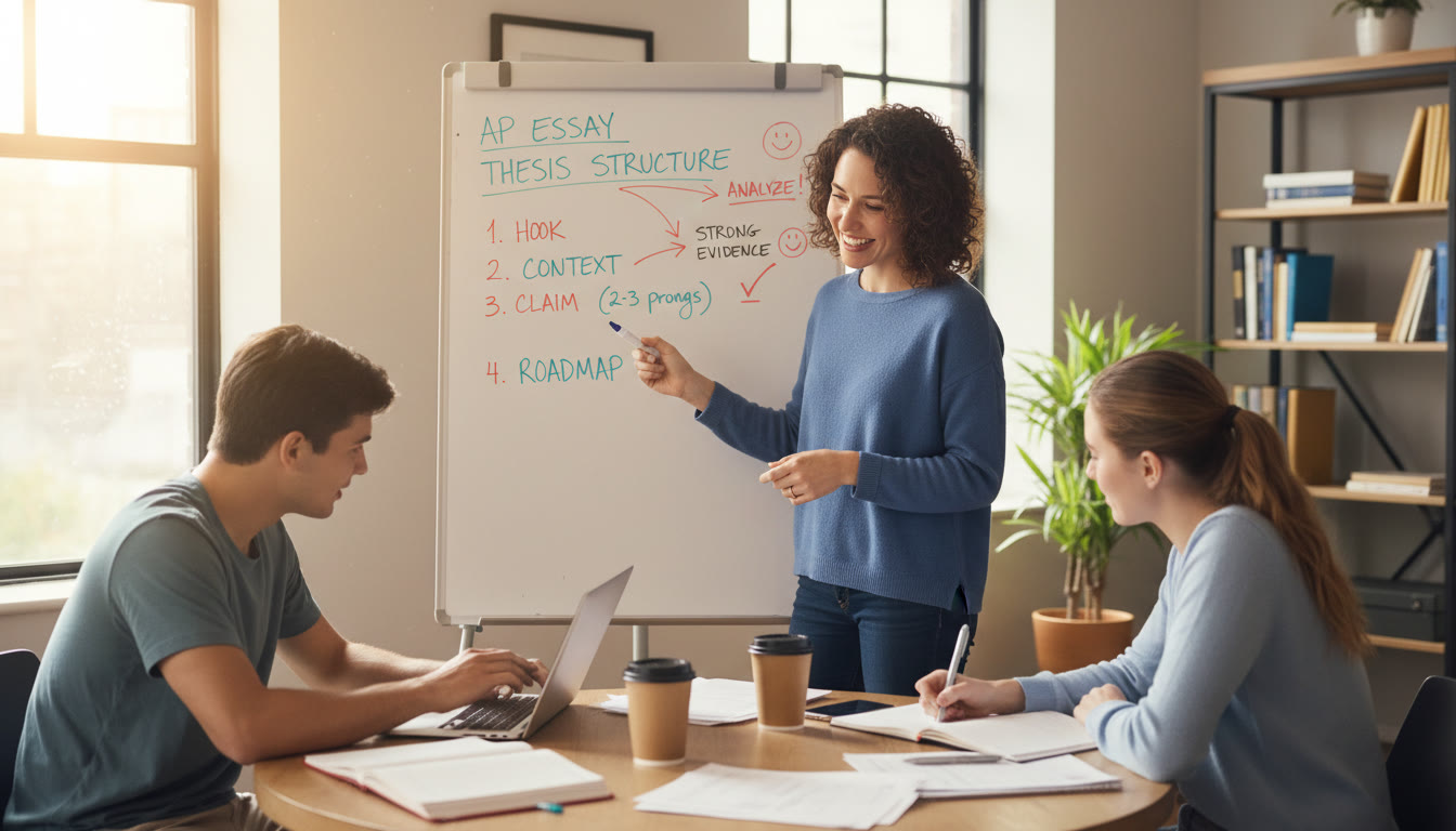 Photo Idea : A small group workshop scene with a tutor guiding two students through an AP essay, whiteboard notes showing thesis structure. The mood should be collaborative and encouraging to illustrate personalized coaching.