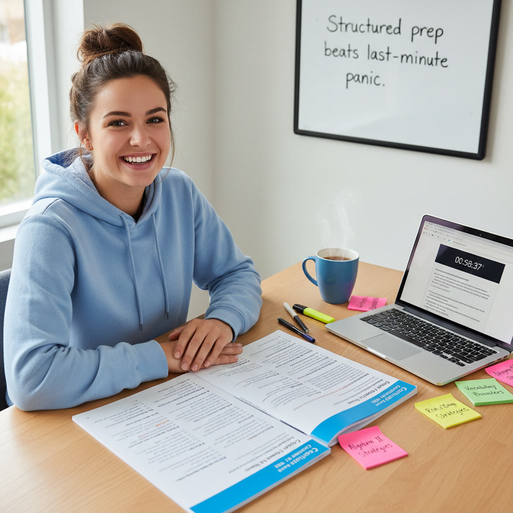 Photo idea: A student at a clutter-free desk with official SAT practice booklets, a laptop showing a practice test timer, and sticky notes with targeted review topics. Caption: 