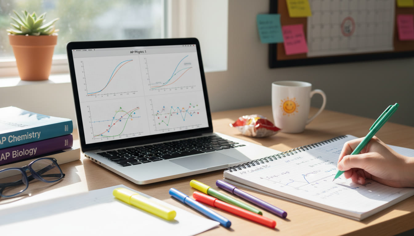 Photo Idea : A bright, well-composed study desk with a laptop showing a multi-panel scientific graph, a notebook with hand-drawn axes, and colored pens laid out—conveys focused, active learning for AP exams.