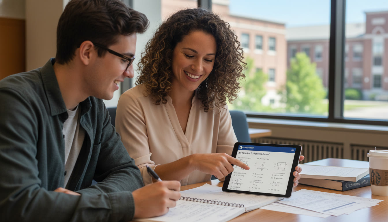 Photo Idea : A friendly tutor sitting with a student at a table, pointing at practice questions on a tablet, conveying focused but encouraging support.