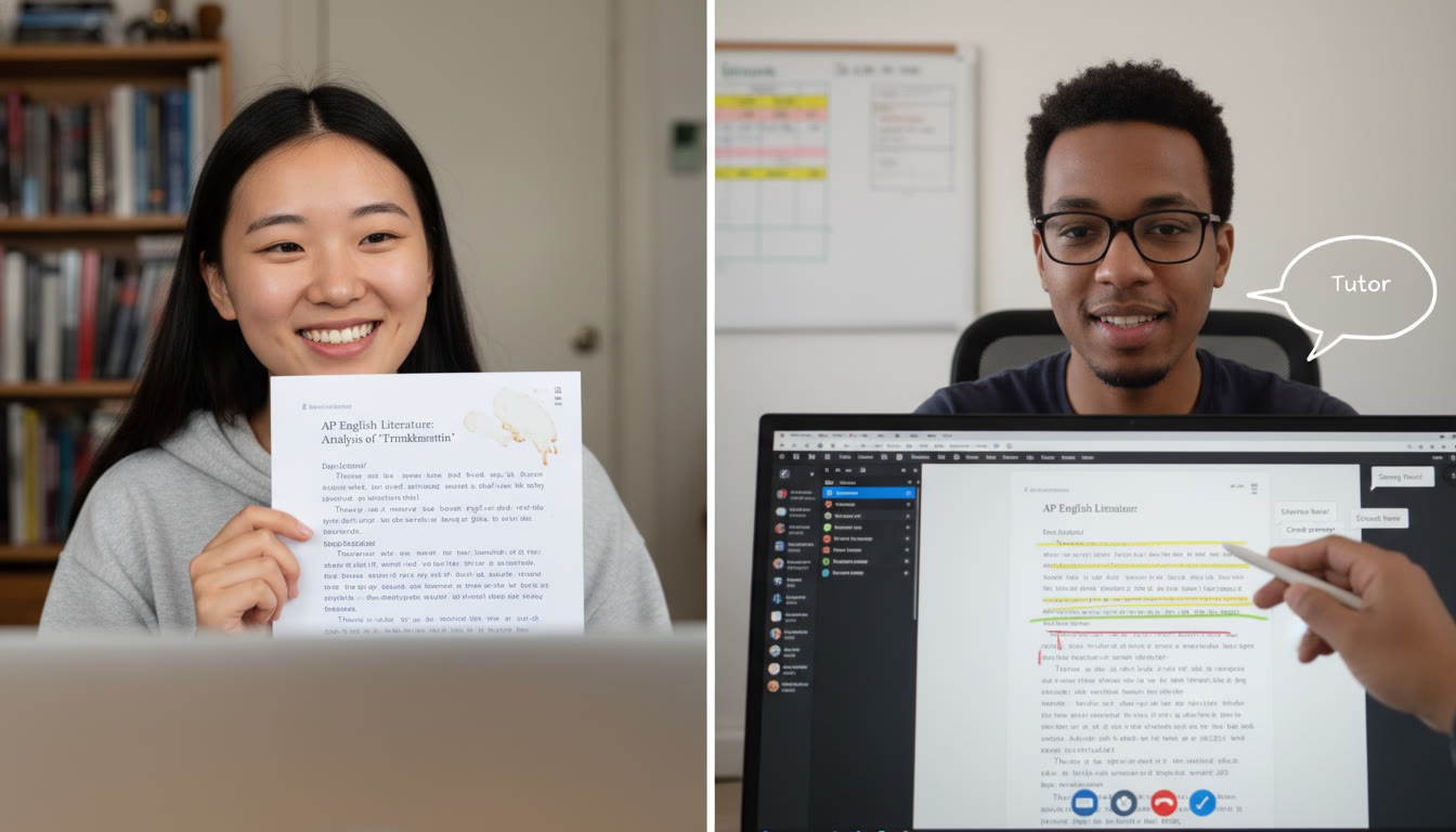 Photo Idea : Closeup of a student and tutor on a video call, the student sharing a scanned essay while the tutor highlights notes and suggests edits — emphasizes the value of 1‑on‑1 guidance and targeted feedback.