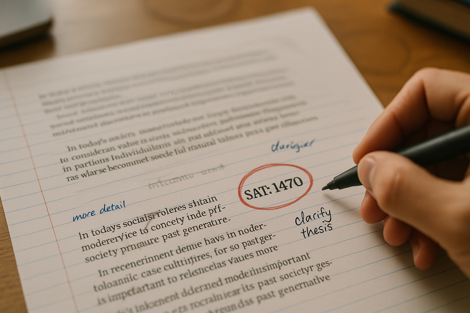 Photo Idea : A close-up of an essay draft with an SAT score line circled, a student’s hand holding a pen making a concise note — visualizing revision and reflection.