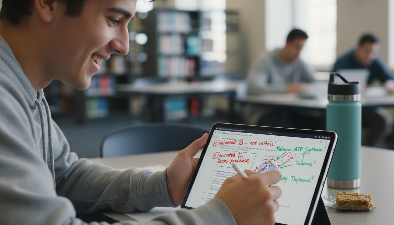 Photo Idea : Close-up of a student annotating an AP released question on a tablet, with handwritten notes about which answer choices were eliminated and why — illustrates analytical practice and pattern recognition.