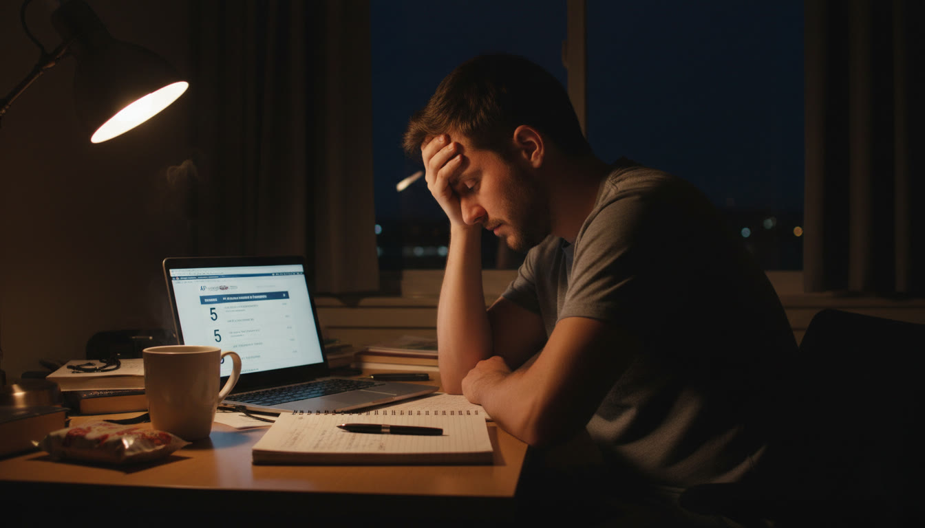 Photo Idea : A student at a desk late at night, forehead on hand, laptop open to an AP score page with a journal and a cup of coffee nearby—captures the immediate emotional reaction and the solitude of the moment.