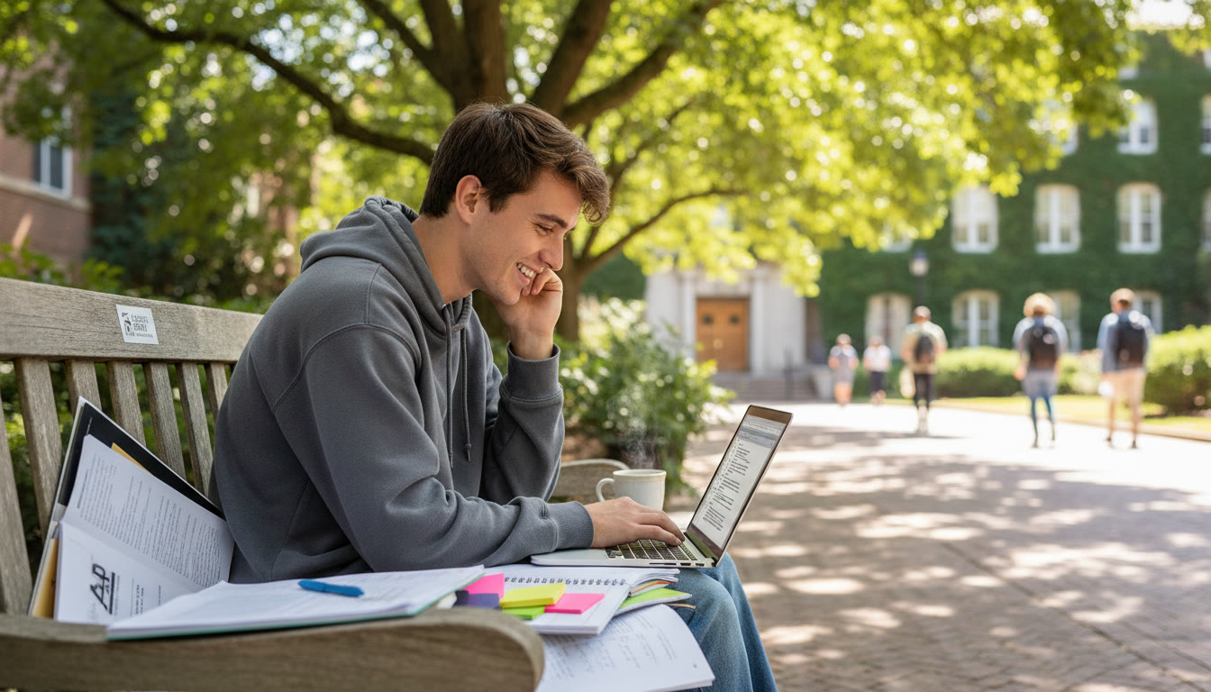 Photo Idea : A student at a campus bench with a laptop open, surrounded by notes and a coffee — working on a draft for a writing‑intensive seminar, looking engaged and thoughtful.