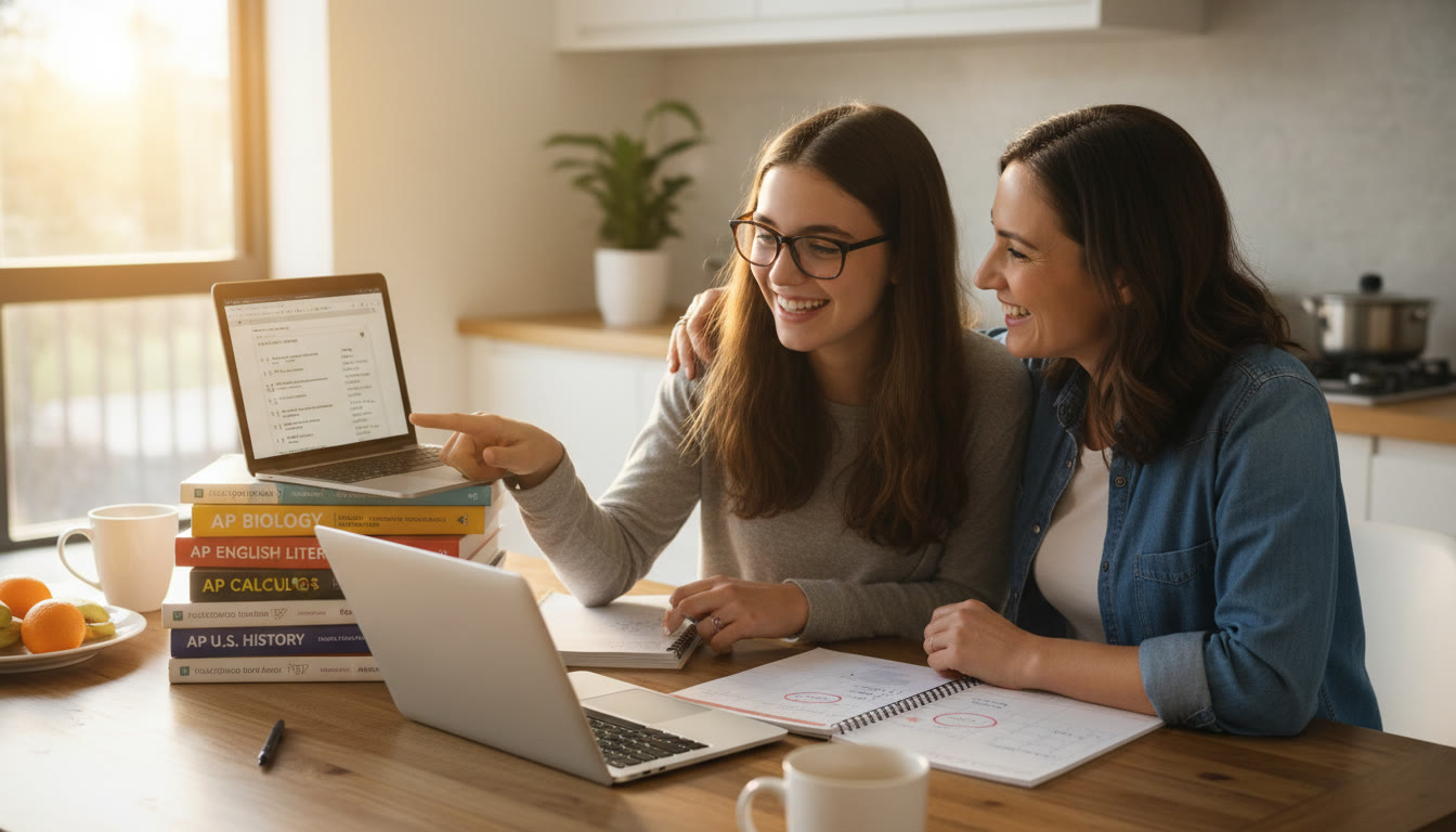 Photo Idea : A parent and teenage student at a kitchen table, studying together with a stack of AP prep books, a laptop open to practice questions, and a notebook with a calendar and small checklist. Natural light, warm tones, candid interaction.