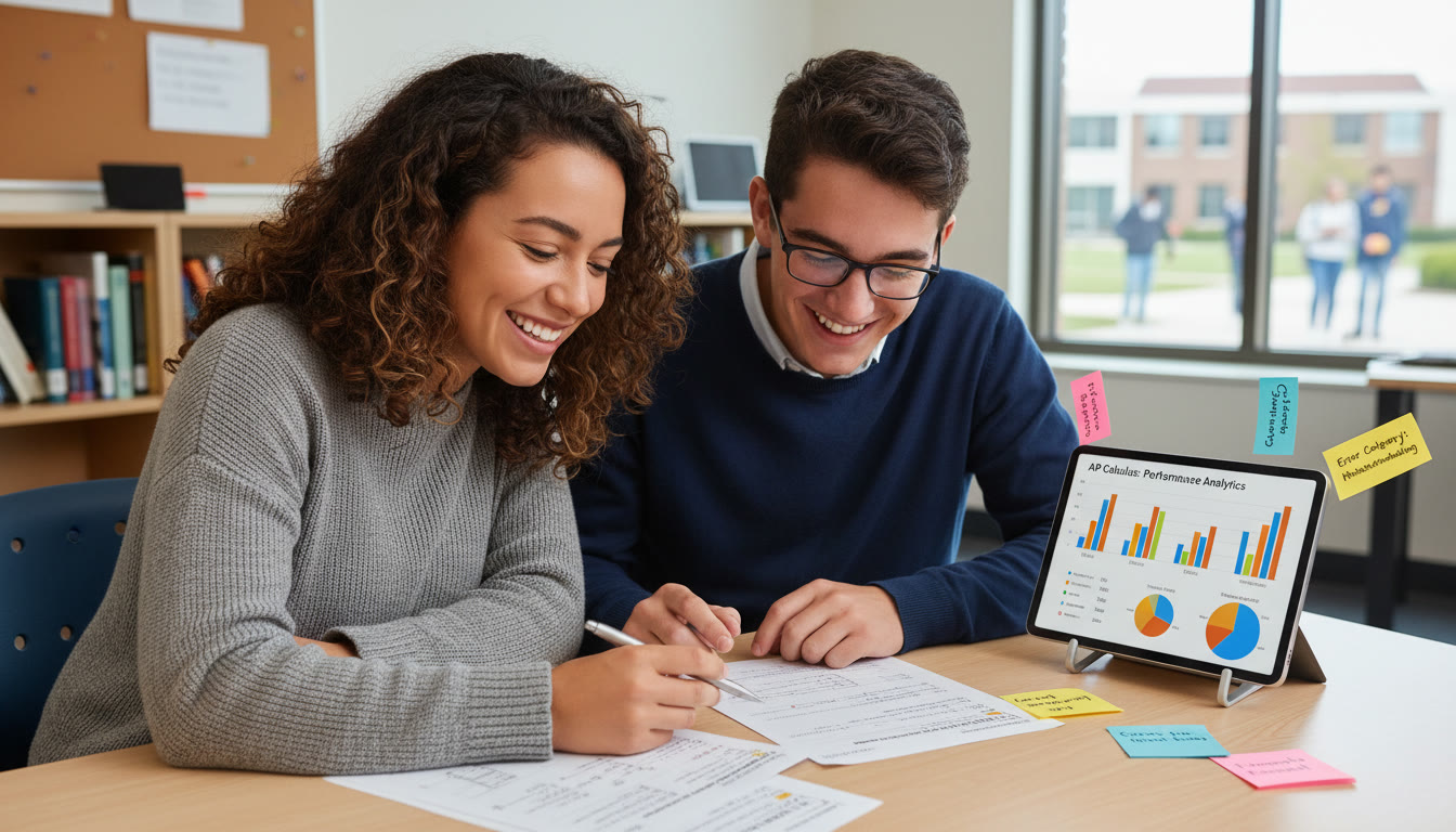 Photo Idea : A tutor and a student reviewing a worksheet together, a tablet showing performance analytics, and sticky notes with error categories — illustrates tailored tutoring and actionable data in the learning process.