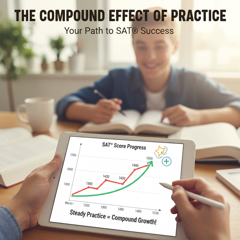 Progress graph on a tablet showing incremental score improvements over months—visualizes the compound effect of steady, resilient practice.