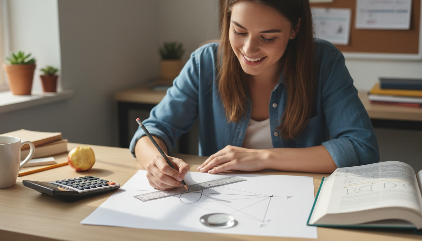 Photo Idea : A clean, bright desk scene with a student sketching a ray diagram using a ruler and pencil, a calculator nearby, and a clear plastic lens on a sheet of paper illustrating focal points — conveys hands-on practice and visual thinking.