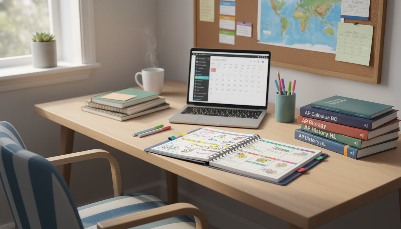 Photo Idea : A bright study nook with an open planner, AP and IB textbooks stacked neatly, and a laptop showing a calendar—captures planning and organization.