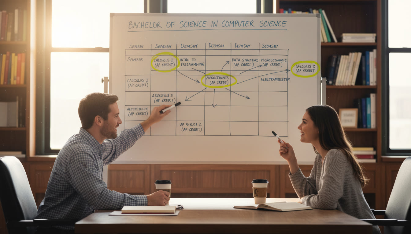 Photo Idea : A college advisor meeting with a student in an office, whiteboard with degree plan, highlighted courses that map from AP credits — warm, focused, collaborative.
