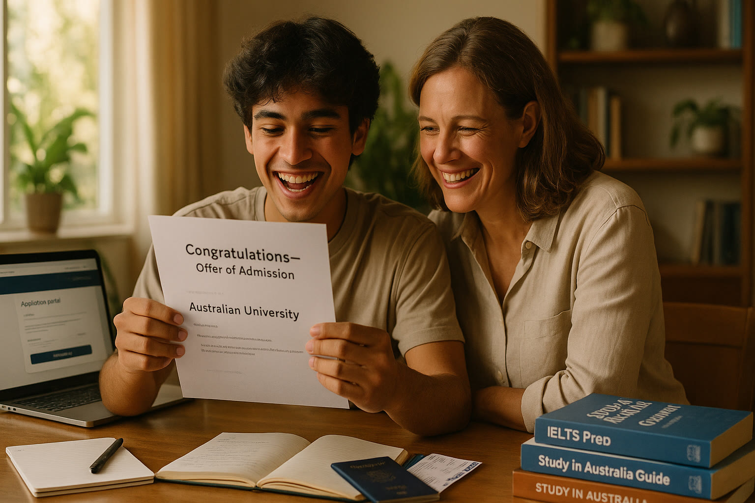 Photo Idea : A happy student and parent looking over an acceptance letter from an Australian university, with a laptop open to the application portal and study materials nearby.