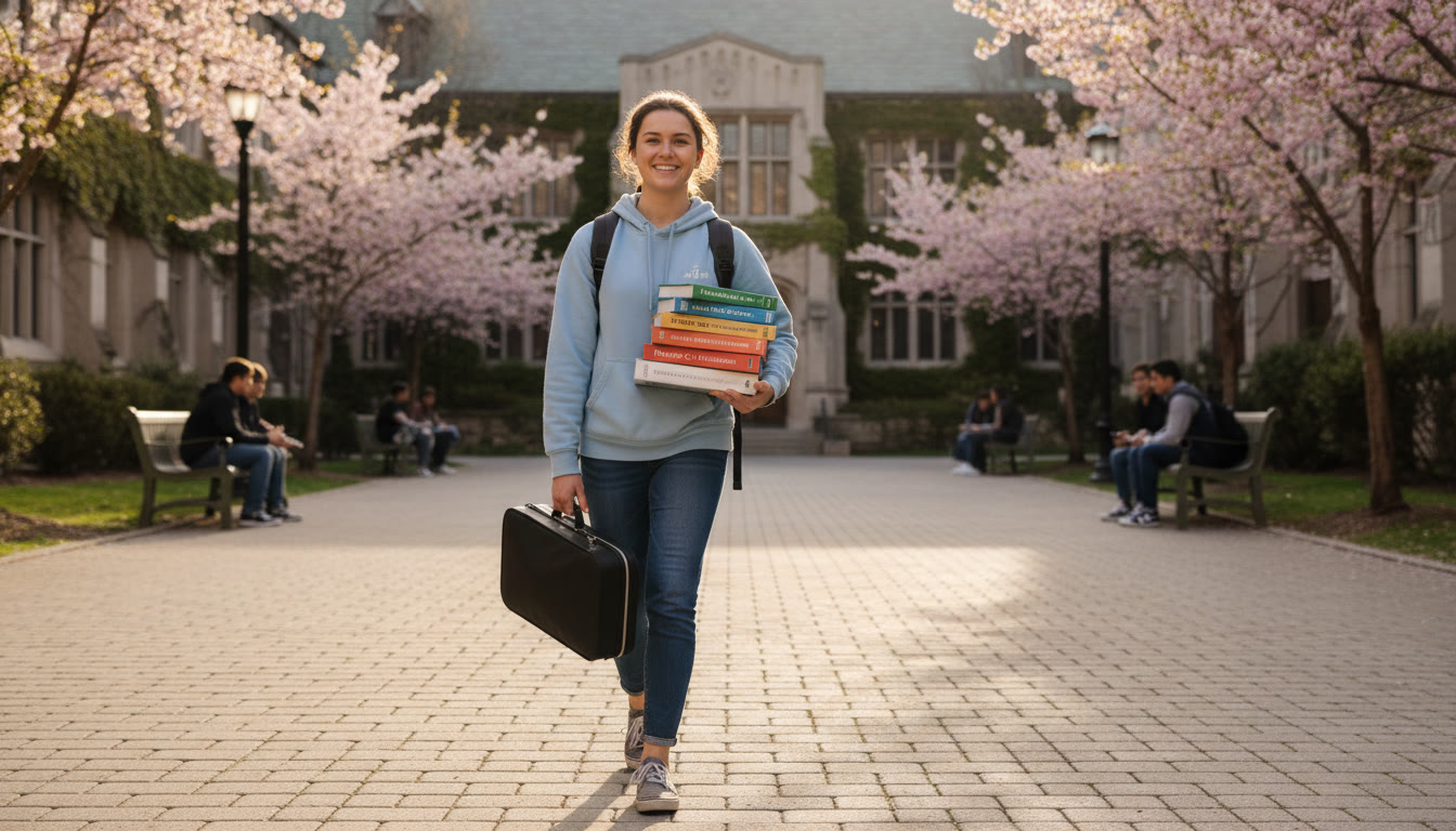 Photo Idea : A candid shot of a high school student with a backpack, carrying a violin case and a stack of AP textbooks, walking across a campus courtyard—show the dual identity of learner and musician.