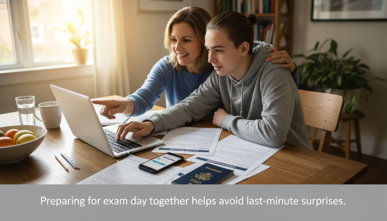 Photo Idea : A warm, focused shot of a parent and teen at a kitchen table checking documents and logging into a laptop together—papers, a passport, and a phone visible. Caption suggestion: Preparing for exam day together helps avoid last-minute surprises.