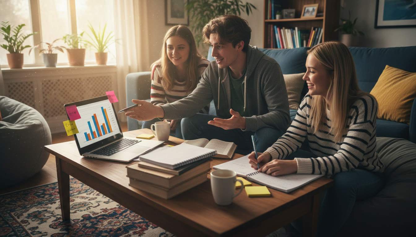 Photo Idea : A relaxed living-room study session — three students gathered around a laptop and notebooks, one explaining a graph to the others. Warm daylight, casual clothes, sticky notes with key formulas visible.