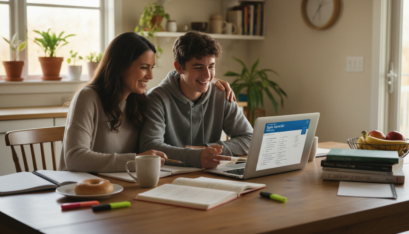Photo Idea : A warm, candid photo of a Grade 10 student and a parent at a kitchen table, surrounded by notebooks and a laptop showing a practice Digital SAT screen suggesting collaborative planning and calm focus.
