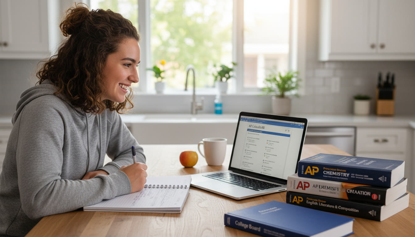 Photo Idea : A student at a kitchen table surrounded by a laptop, notebook, and AP prep books, smiling while working on practice questions — conveys focus and independence early in the article.
