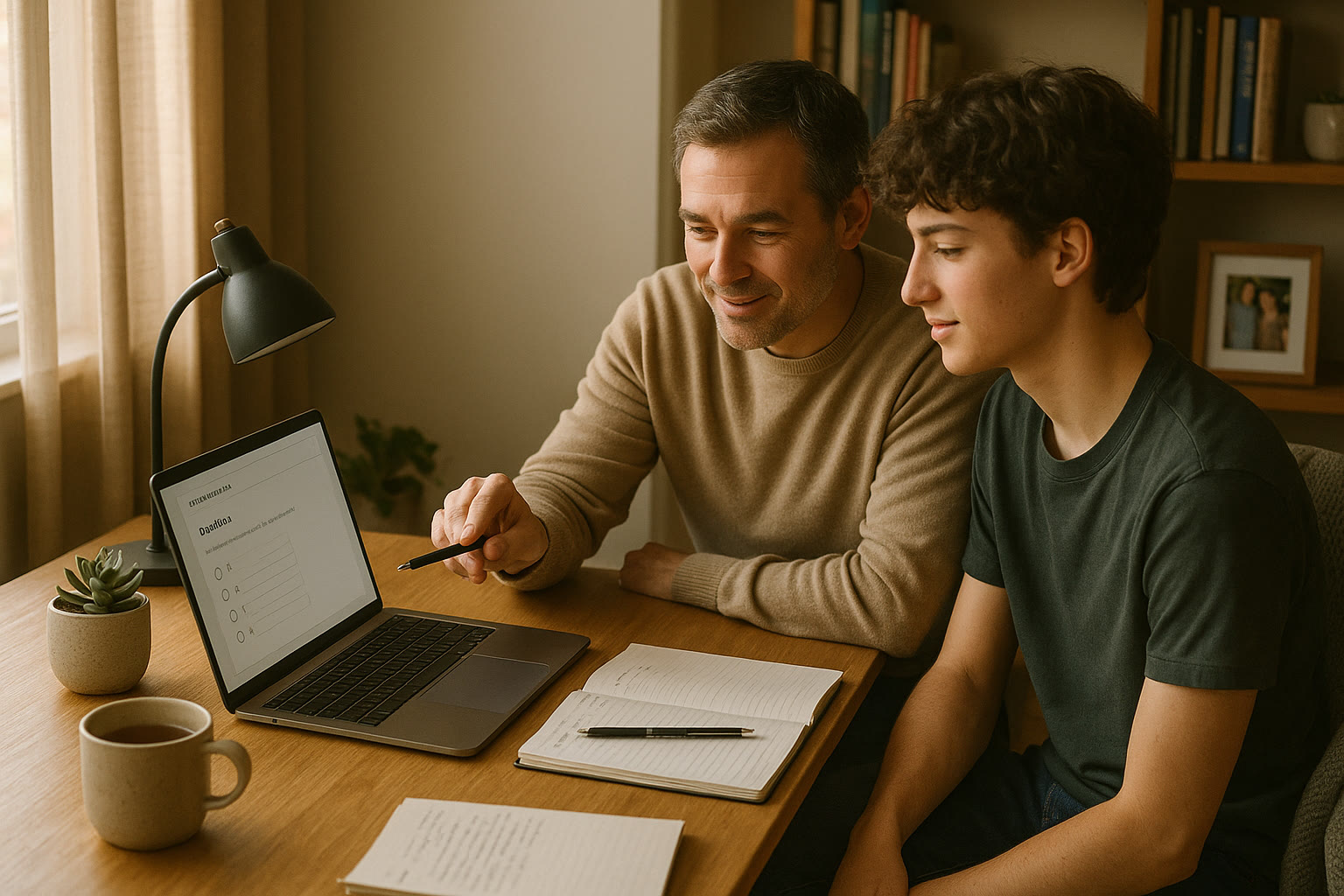 Photo Idea : A cozy study nook at home—natural light, a tidy desk with a laptop displaying a practice test, a notebook, and a parent and teen discussing a problem together.