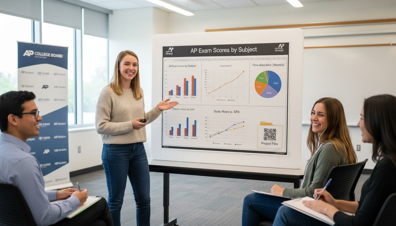 Photo Idea : A student presenting a poster with clear charts printed from a spreadsheet; the poster includes a small