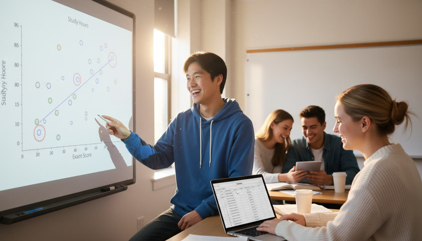 Photo Idea : A bright classroom scene showing a student pointing at a scatterplot on a whiteboard while another student writes residuals on a laptop—captures collaboration and the human side of learning statistics.