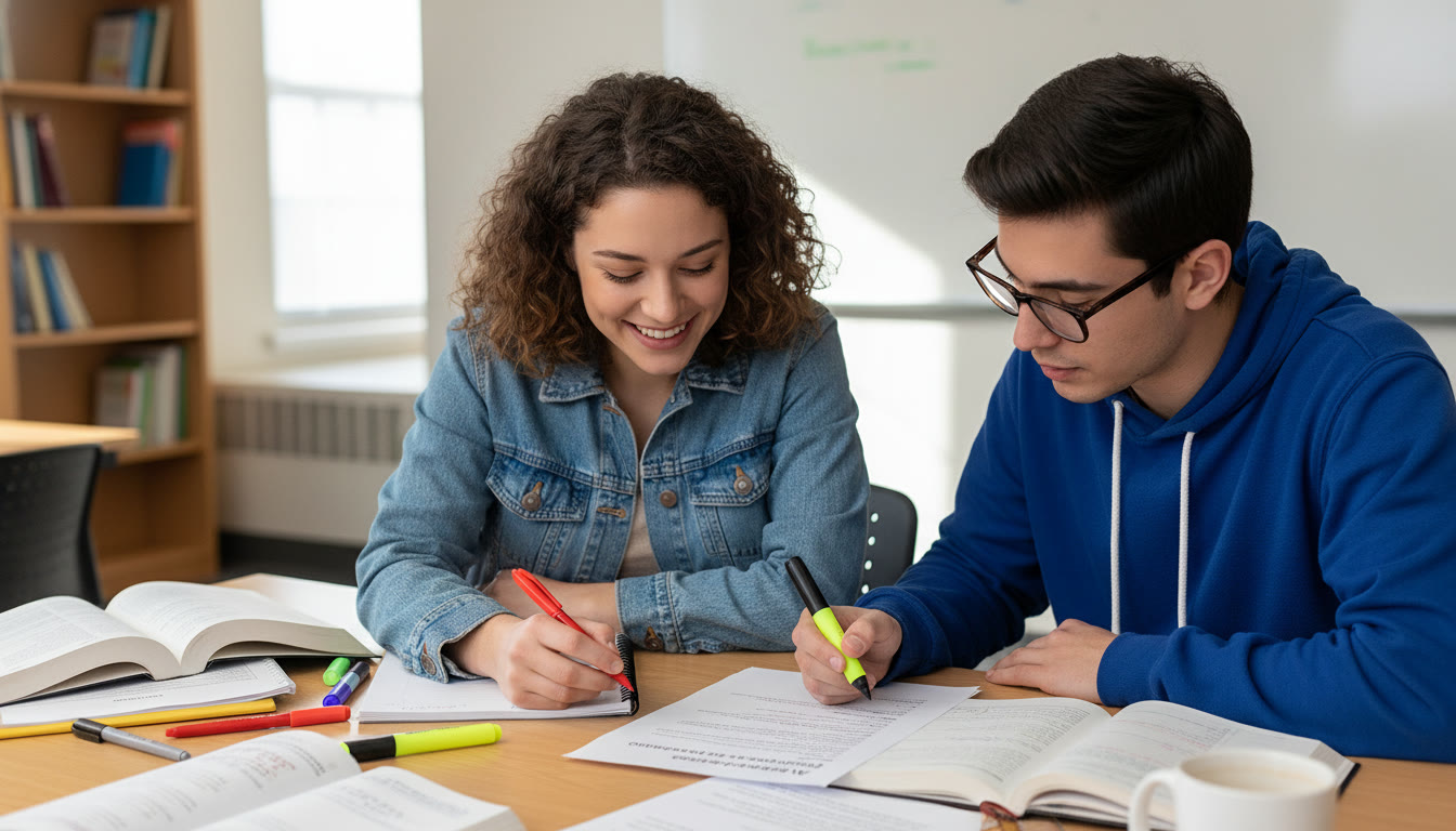 Photo Idea : A study session scene where a tutor and student examine a printed AP prompt together at a table with notes and colored pens — suggests mentorship and active learning, placed mid-article near study drills to reinforce the value of guided practice.