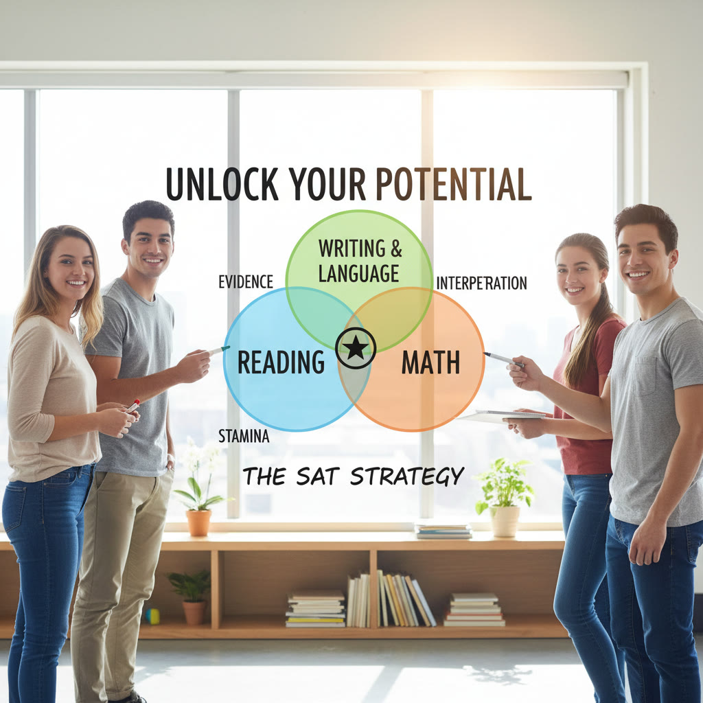 Visual idea: A three-part Venn diagram showing Reading, Writing & Language, and Math with overlaps labeled 'evidence', 'interpretation', and 'stamina'.