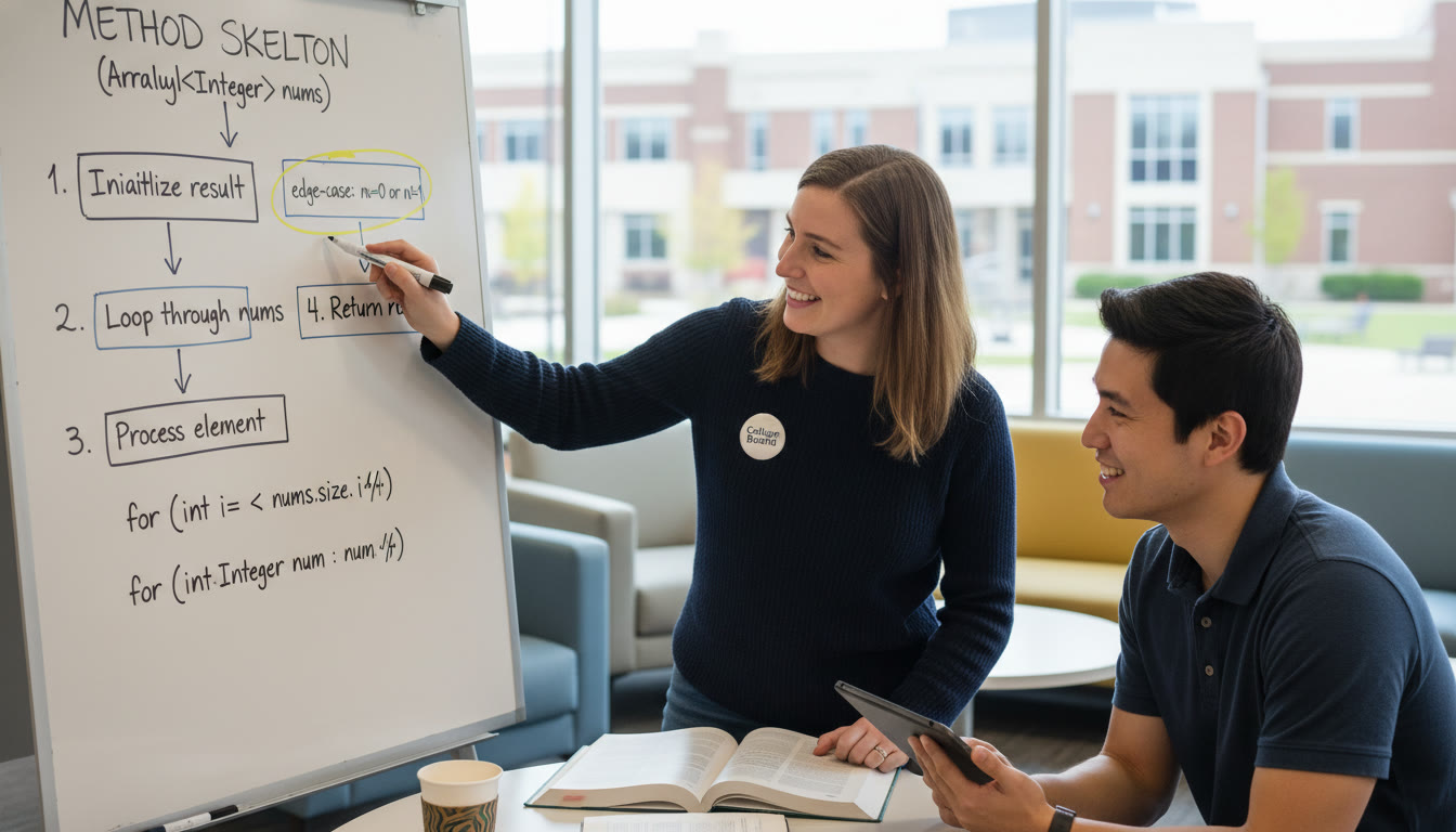 Photo Idea : A whiteboard with a neat method skeleton written out, sample loops, and a tutor pointing to a highlighted edge-case — suggests active tutoring and stepwise debugging.