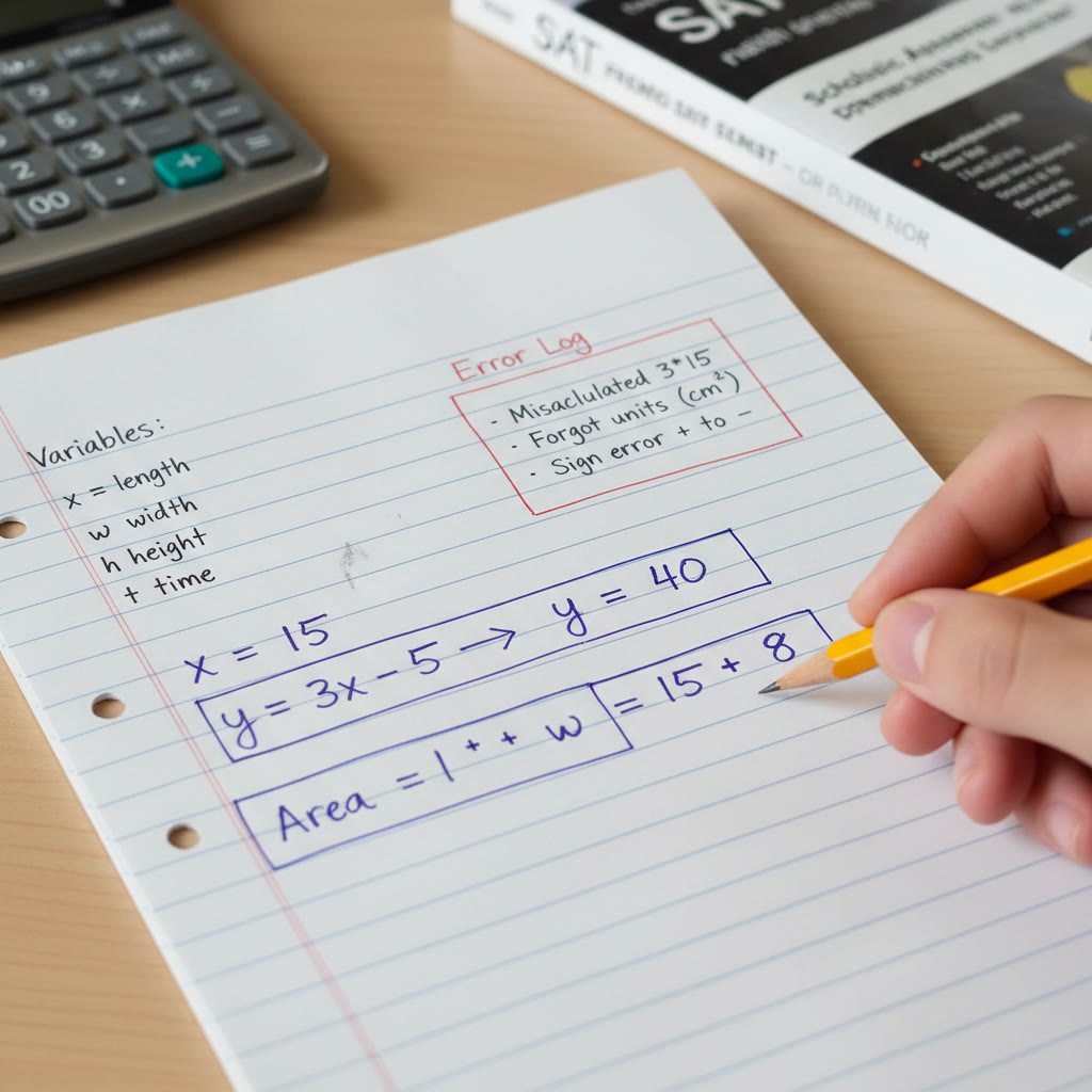 Photo idea: A close-up of a student’s scratch paper with neatly boxed intermediate results, variables defined in the corner, and a small error log beside it. Caption: 