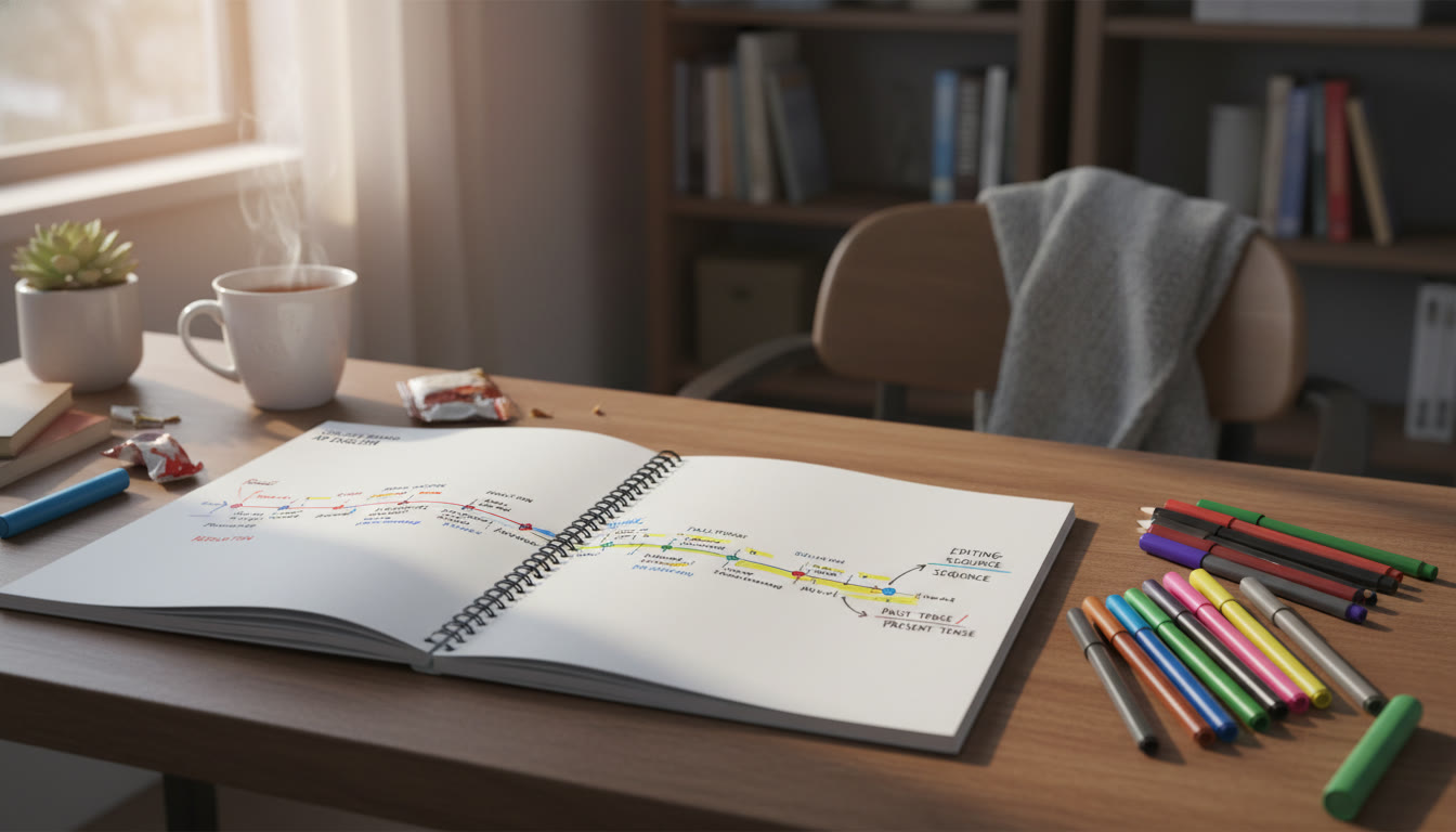 Photo Idea : A cozy study desk with an open notebook, colored pens, and a highlighted timeline sketching story events—invokes editing sequence and tense.