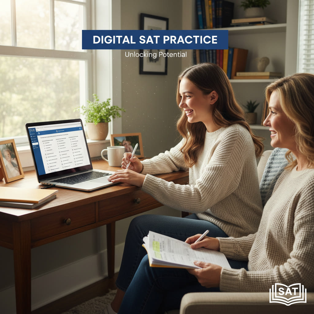 Photo Idea : A focused student at a laptop practicing the digital SAT interface, with a parent nearby holding printed notes—natural light, cozy study corner.